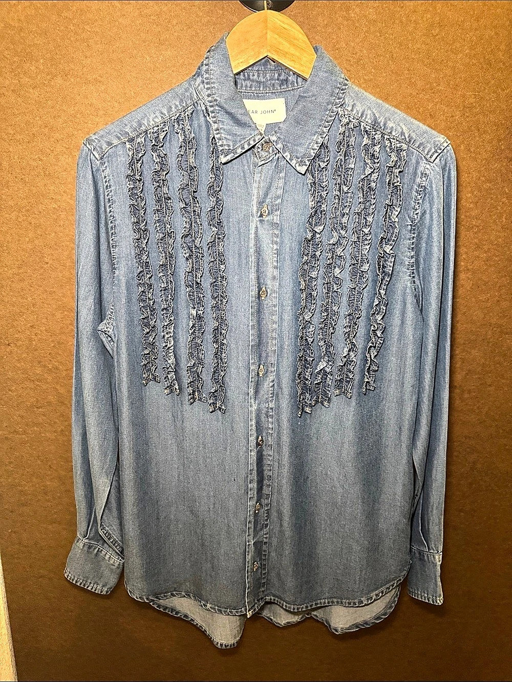 Dear John's Denim Ruffle Button Down Shirt in Blue NWT